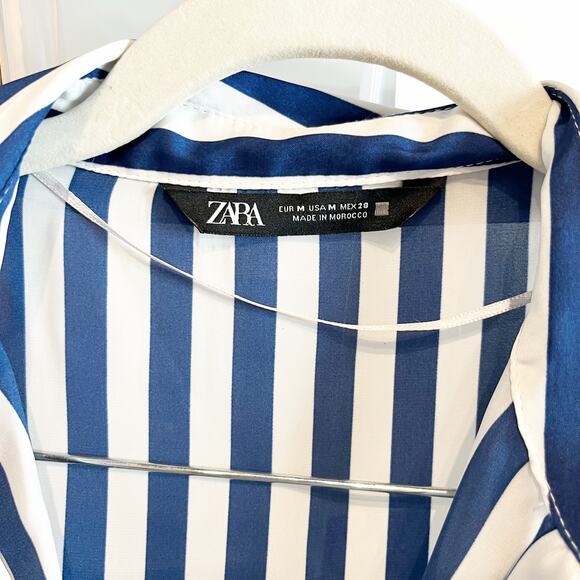 Zara Striped Print Long Sleeve Collared Button-Up Shirt Navy Blue White Medium - Picture 2 of 9